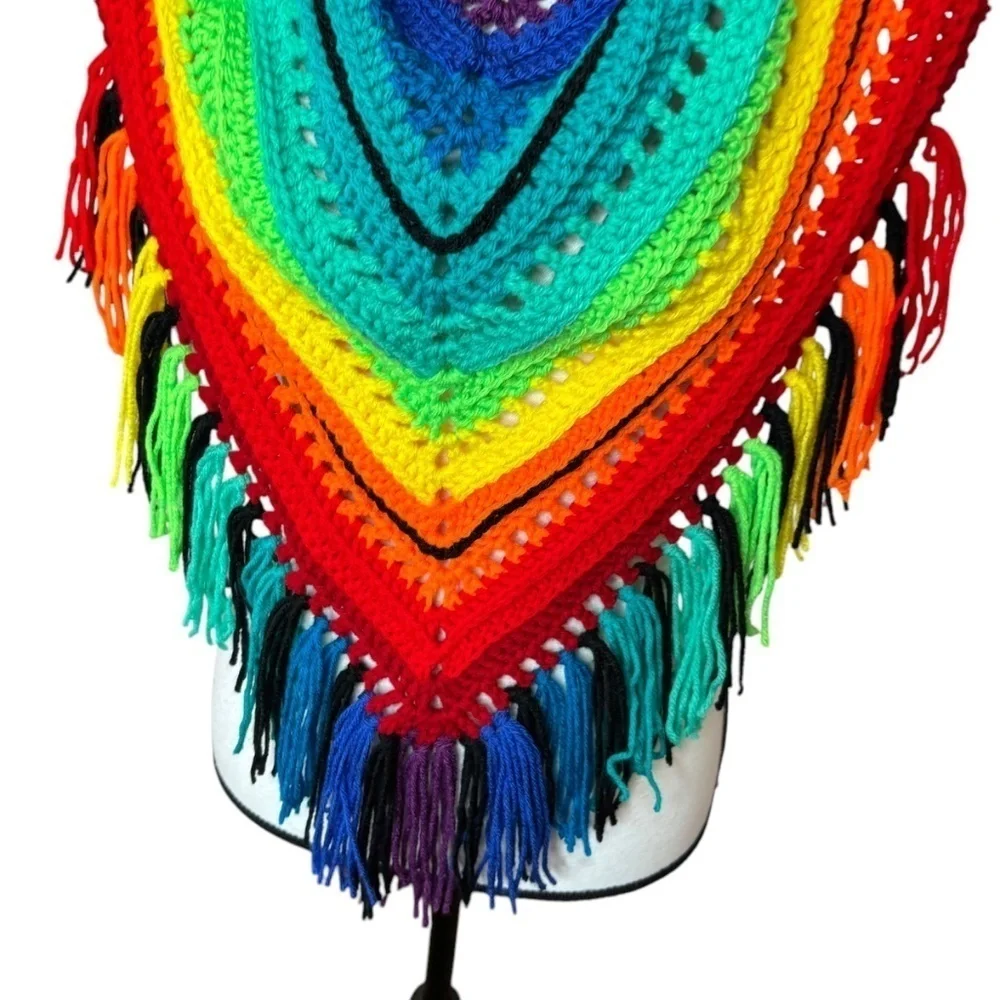 Handcrafted Crochet Cowl Neck Scarf With Fringe Rainbow Colors New Handmade Knit